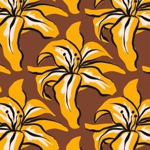 Hand Drawn Yellow Tropical Lily Flower in Brown Background