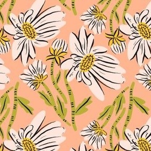 Hand Drawn White Daisy Flower in Orange Background