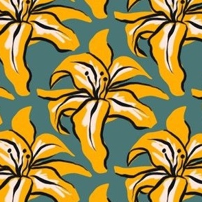 Hand Drawn Yellow Tropical Lily Flower in Teal Background