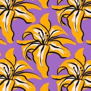 Hand Drawn Yellow Tropical Lily Flower in Purple Background
