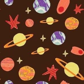 Vibrant Colorful Hand-Drawn Planets and Meteor in Brown Background