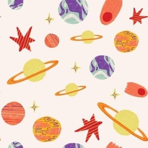Vibrant Colorful Hand-Drawn Planets and Meteor in Beige Background