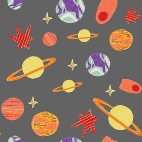 Vibrant Colorful Hand-Drawn Planets and Meteor in Grey Background