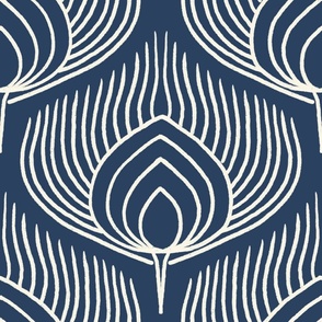 Large // Abstract Peacock Feathers: Decorative Animal Print - Dark Blue