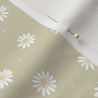 SMALL White Boho Daisies on Sage Green Background.