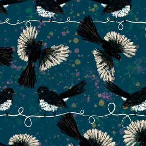 Australian Willy Wagtail Birds on Wires Teal background Large scale (one repeat across 24”)
