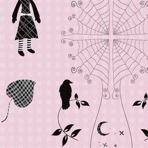 12' Whimsigoth Dollhouse Wallpaper - Pink,  Black with Gingham Highlights