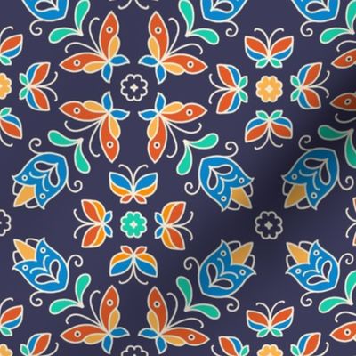 Small scale / Line art boho butterflies and tulips florals on navy / Bright colorful blue orange green flowers and butterfly folk art on dark navy blue background