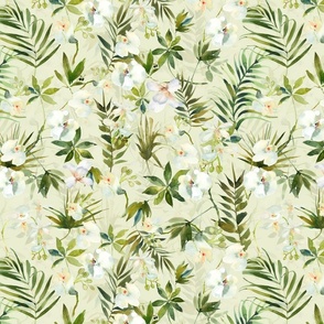 14" A beautiful exotic flower garden with white orchids and camellia flowers on light green background-  tropical palm leaves and branches for home decor Baby Girl and nursery fabric perfect for kidsroom wallpaper,  kids room, 