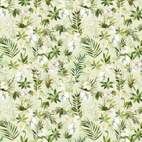 10" A beautiful exotic flower garden with white orchids and camellia flowers on light green background-  tropical palm leaves and branches for home decor Baby Girl and nursery fabric perfect for kidsroom wallpaper,  kids room