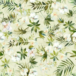 Turned left 18" A beautiful exotic flower garden with white orchids and camellia flowers on light green background-  tropical palm leaves and branches for home decor Baby Girl and nursery fabric perfect for kidsroom wallpaper,  kids room