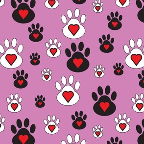Black and White animal paws with hearts on pink background