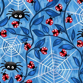 Spiders waiting for Ladybug lunch blue wallpaper scale