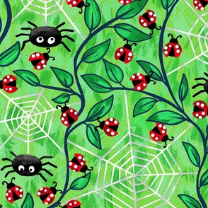 Spiders waiting for Ladybug lunch green wallpaper scale