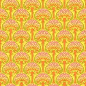 Art Nouveau Mushroom - 2" small - pink, orange, and avocado on bright yellow 