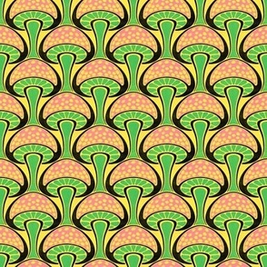 Art Nouveau Mushroom - 2" small - black, pink, and green on bright yellow 