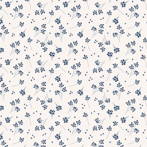 Small  scale delicate  Navy Blue Flowers in off white - wallpaper