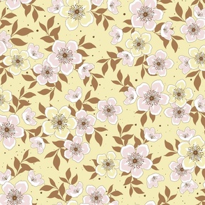 Cherry Blossoms Floral - Pink on Butter Yellow - Large Scale