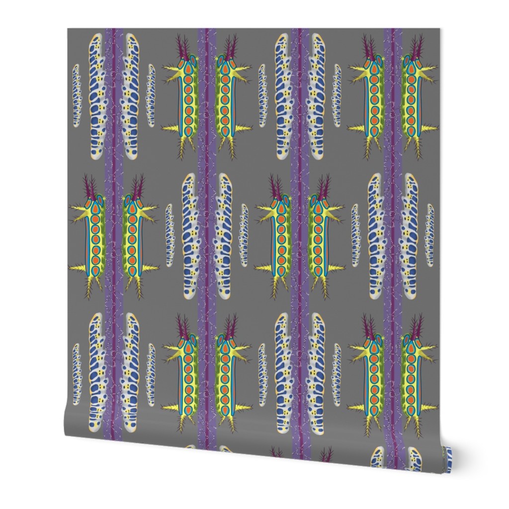 3x9-Inch Half-Drop Repeat of Vibrant Patterns from Caterpillars, with a Starfish Stripe