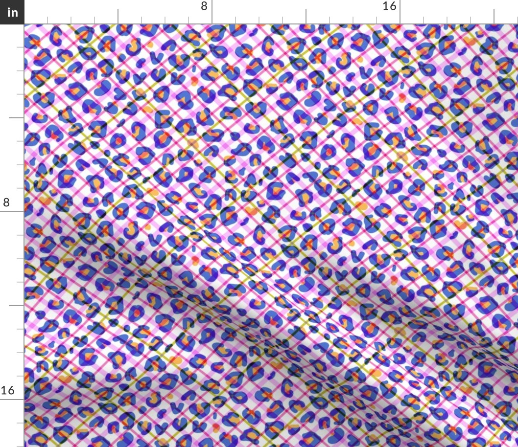 Leopard Animal Pattern Overlayed on Diagonal Plaid in Pink and Purple Medium Scale