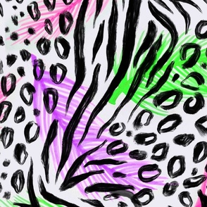 Abstract animal print with neon feathers.  black  zebra, leopard print on  white