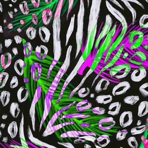 Abstract animal print with neon feathers. White  zebra, leopard print on black 