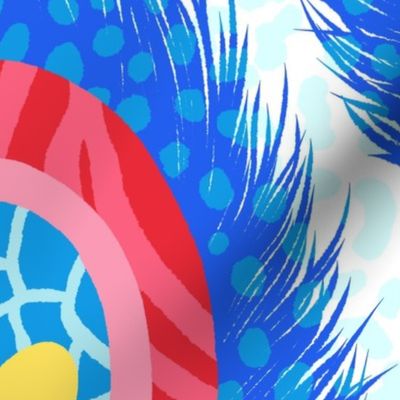 Feather dream animal abstract - large - bright blue, red and pink on white