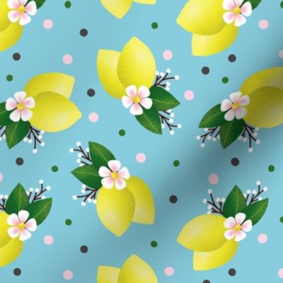 Spring Lemons and Blossom on Light Blue Background