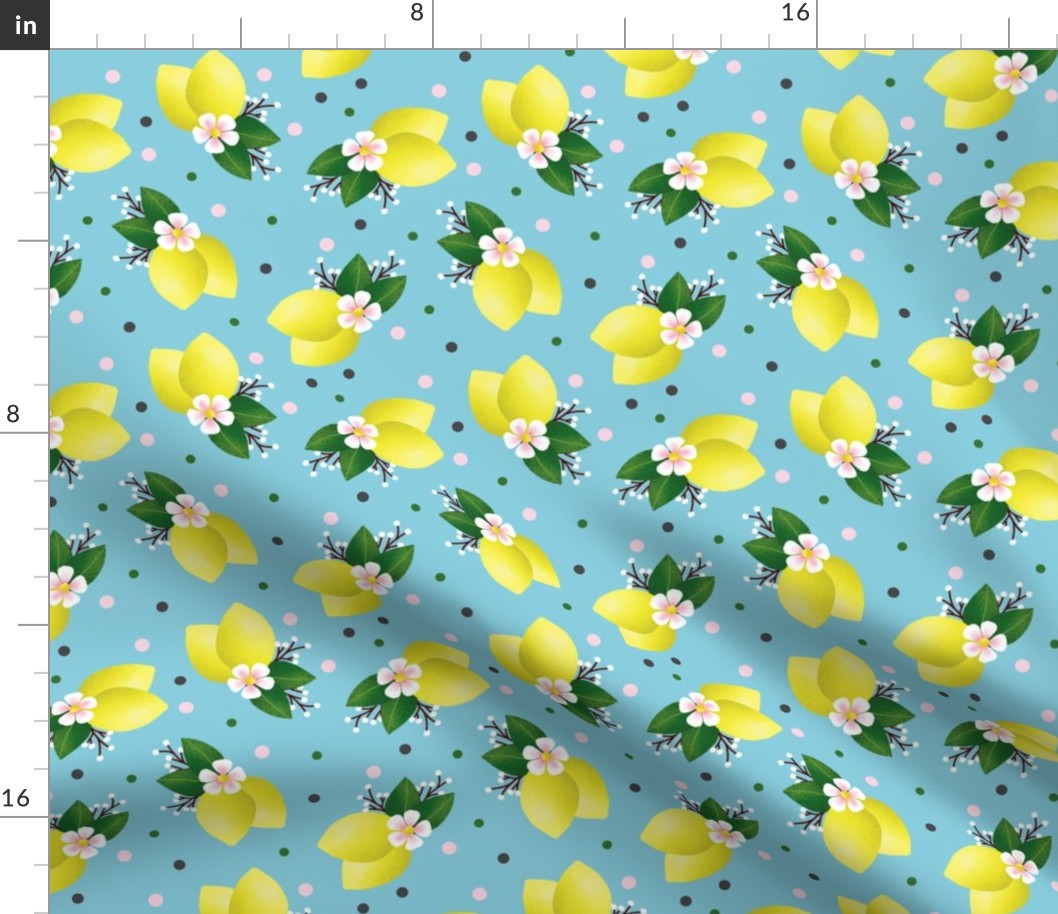 Spring Lemons and Blossom on Light Blue Background