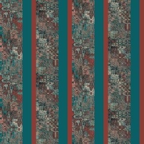 BHMN1 - Variegated Width Bohemian Stripes in Rust and Turquoise - 4 inch fabric repeat, 6 inch wallpaper layout - Half Drop Layout 