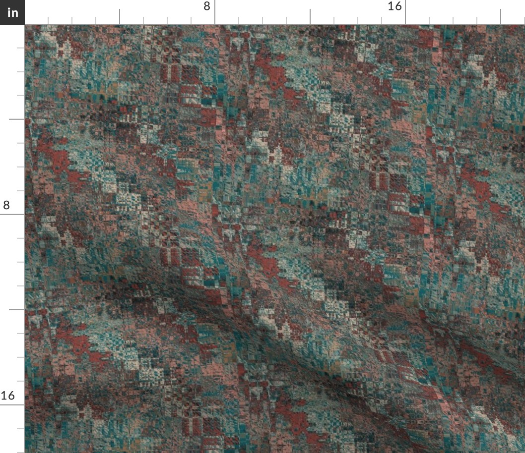 BHMN1 -  Abstract Bohemian Agenda in Rust and Turquoise  - fabric repeat 8 inches - wallpaper repeat 6 inches