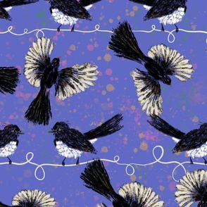 Australian Willy Wagtail Birds on Wires periwinkle background Large scale (one repeat across 24”)