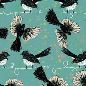 Australian Willy Wagtail Birds on Wires sage green  background Large scale (one repeat across 24”)