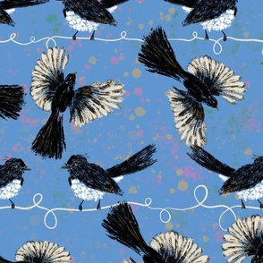 Australian Willy Wagtail Birds on Wires cornflower blue background Large scale (one repeat across 24”)