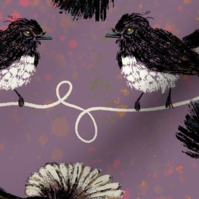 Australian Willy Wagtail Birds on Wires plum  background Large scale (one repeat across 24”)