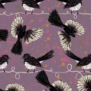 Australian Willy Wagtail Birds on Wires plum  background Large scale (one repeat across 24”)
