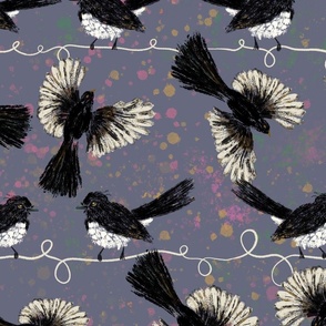 Australian Willy Wagtail Birds on Wires charcoal background Large scale (one repeat across 24”)