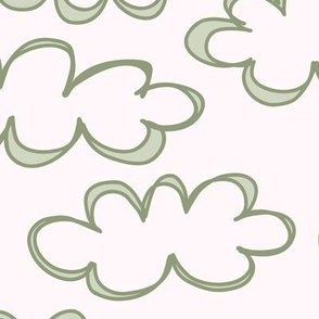 037 - Jumbo scale puffy doddle lose clouds for nursery wallpaper and bed linen, baby accessories, cloth diapers, cute dresses, nursery curtains and pillows  - olive green on palest coral