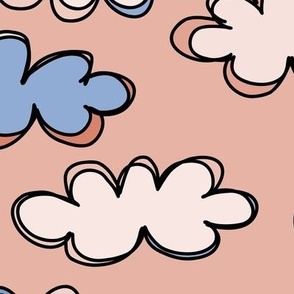 037 - Jumbo scale puffy doddle lose clouds for nursery wallpaper and bed linen, baby accessories, cloth diapers, cute dresses, nursery curtains and pillows -  apricot blush and sky blue 