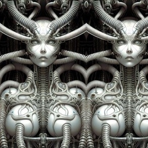 20 cybernetics machine biomechanical bioorganic monochromatic horns demonic devil female woman cyborg robot android tentacles monsters cables wires cybernetics machine demons aliens sci-fi  science fiction futuristic flesh Halloween body horror scary horr