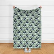 Toucan Team // Whale Hero Pattern // emerald green on natural background // Cute Animals // Kids Apparel // Playroom // Ocean Animals // Huge Scale