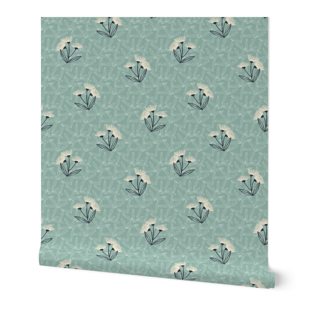 Petite Floral - Parchment_ Navy on Light Teal