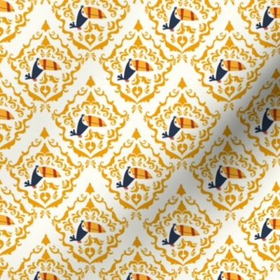 Toucan Team // Toucan Hero Pattern // Marigold yellow on natural background // Cute Animals // Kids Apparel // Playroom // Ocean Animals // Small Scale