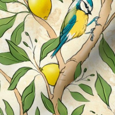 Italian villa with lemon tree branches and blue little birds (medium size version)