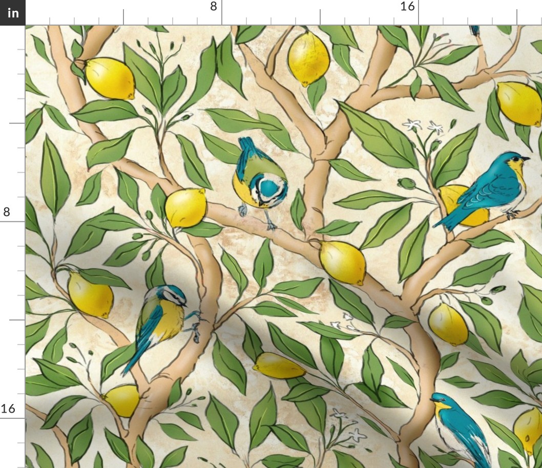 Italian villa with lemon tree branches and blue little birds (medium size version)