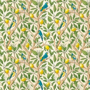 Italian villa with lemon tree branches and blue little birds (small size version)