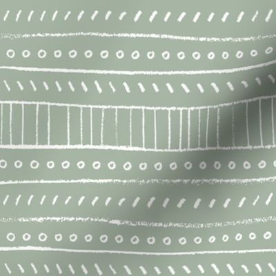 Hand drawn lines and circles pattern - White on Laurel green