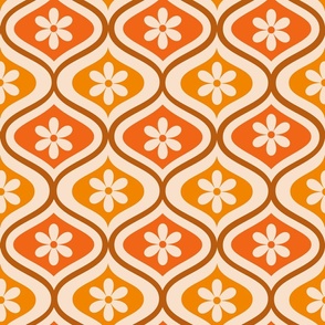 Retro white flowers on orange and amber ogee pattern