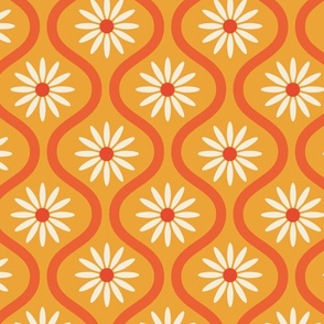 Retro White Flowers on Mid Century Orange Ogee Pattern

