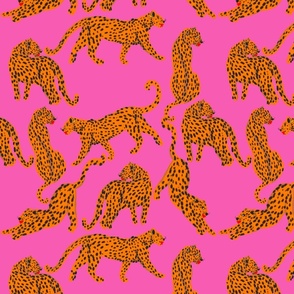 Abstract modern leopard with red lips in fuchsia pink background 